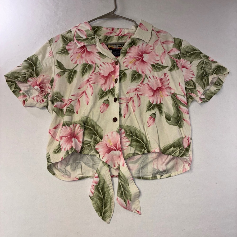 504 Tropical Havana Jacks Cafe Floral Tie Front Shirt XL Pink Hibiscus Rayon